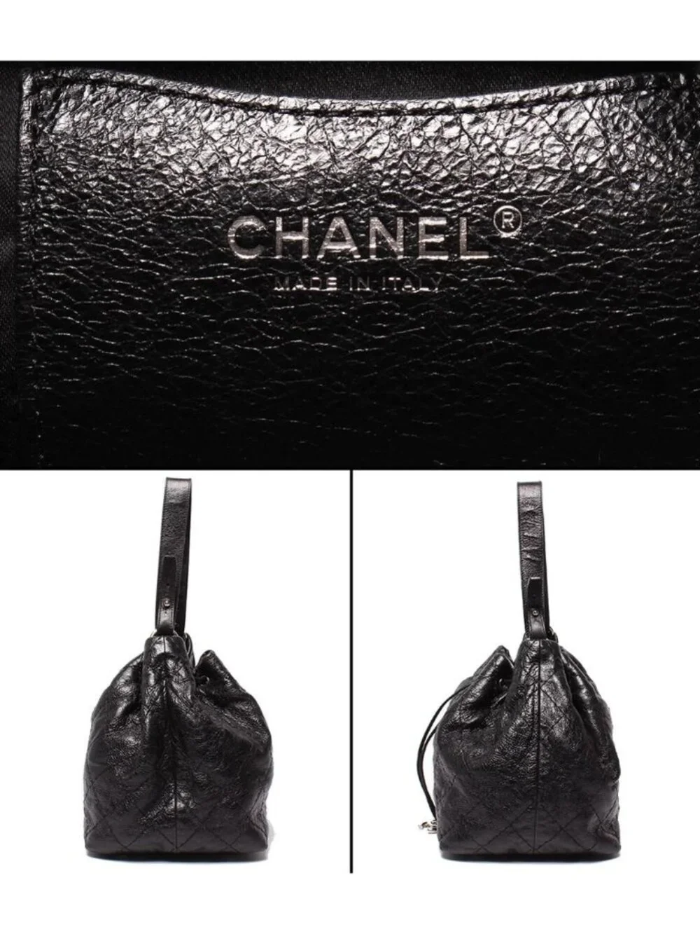 Chanel Leather Shoulder Bag Drawstring Quilted Silver on the Road